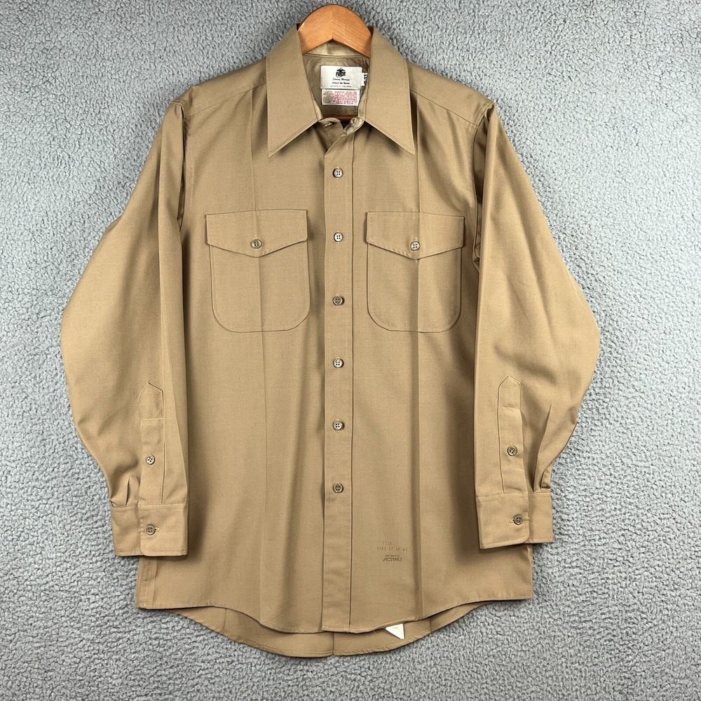Vintage USMC Marines ACTWU Mens 16 33 Beige Uniform Shirt Polyester Wool Blend